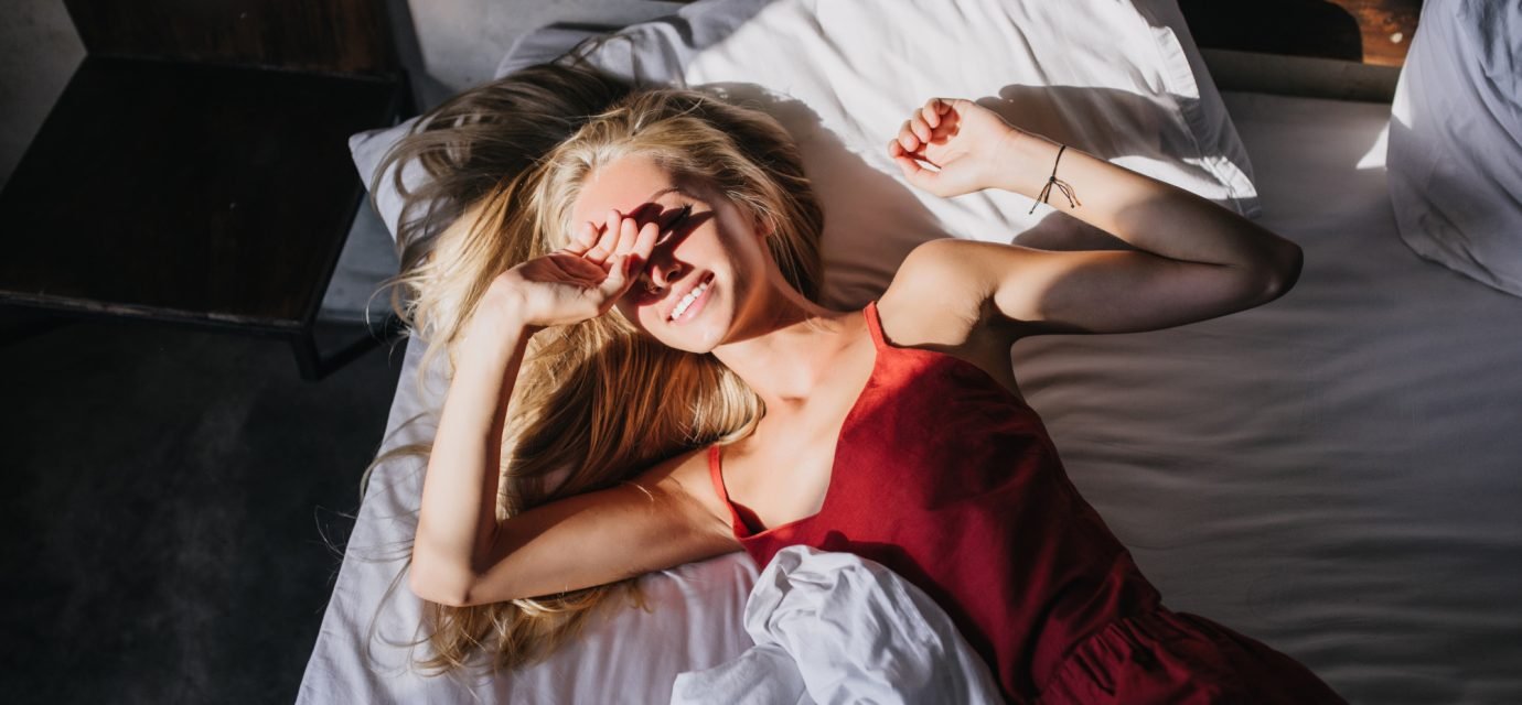 Swingers Club - Overhead portrait of cute caucasian woman posing in sunny mornin