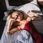 Swingers Club - Overhead portrait of cute caucasian woman posing in sunny mornin