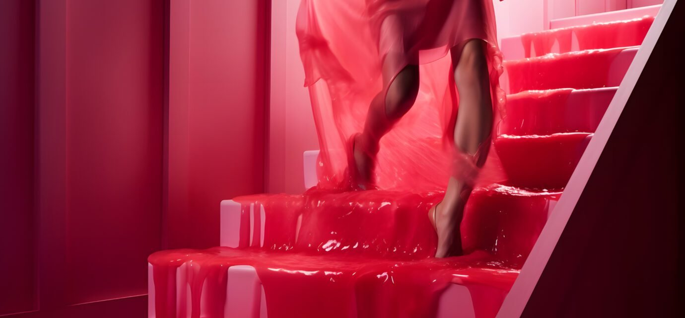 Glamour woman on red jelly steps. Fashion concept. Neural network AI generated